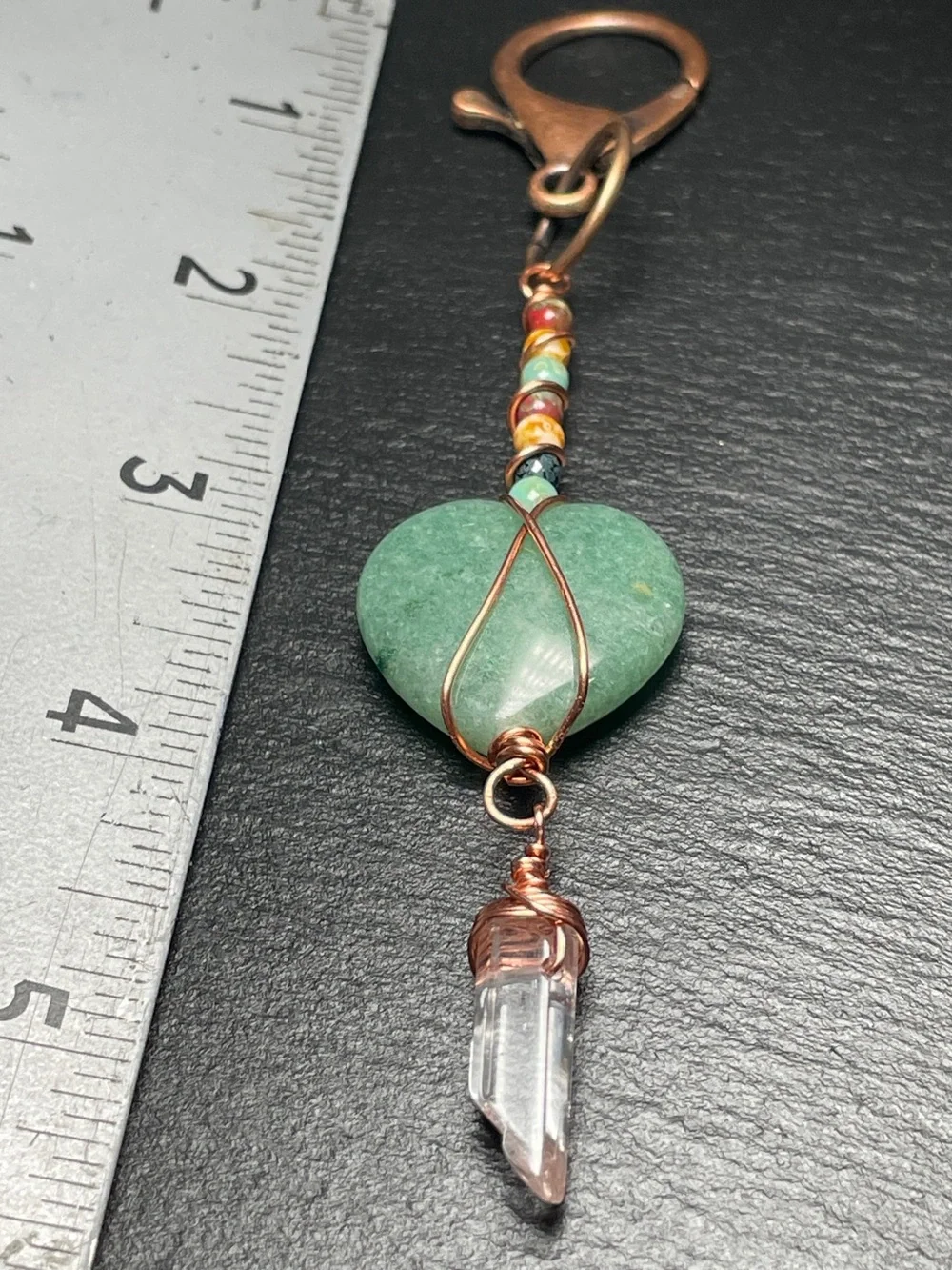 Handmade Aventurine Heart Keychain with Clear Quartz Point